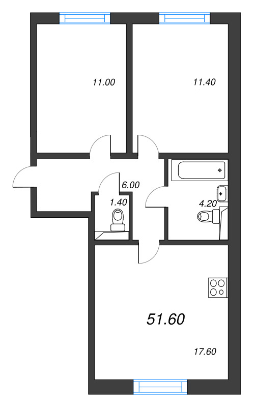 3-комнатная (Евро) квартира, 51.6 м² в ЖК "ЛСР. Ржевский парк" - планировка, фото №1