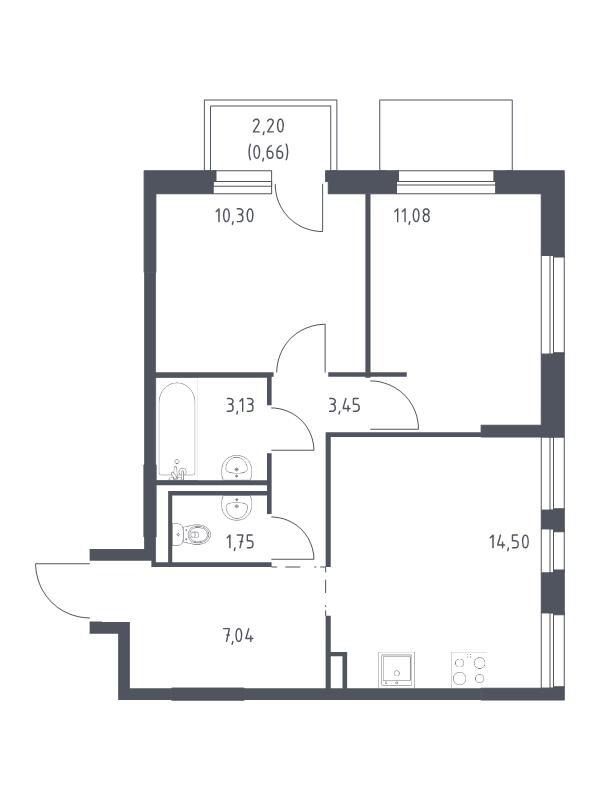 2-комнатная квартира, 51.91 м² - планировка, фото №1