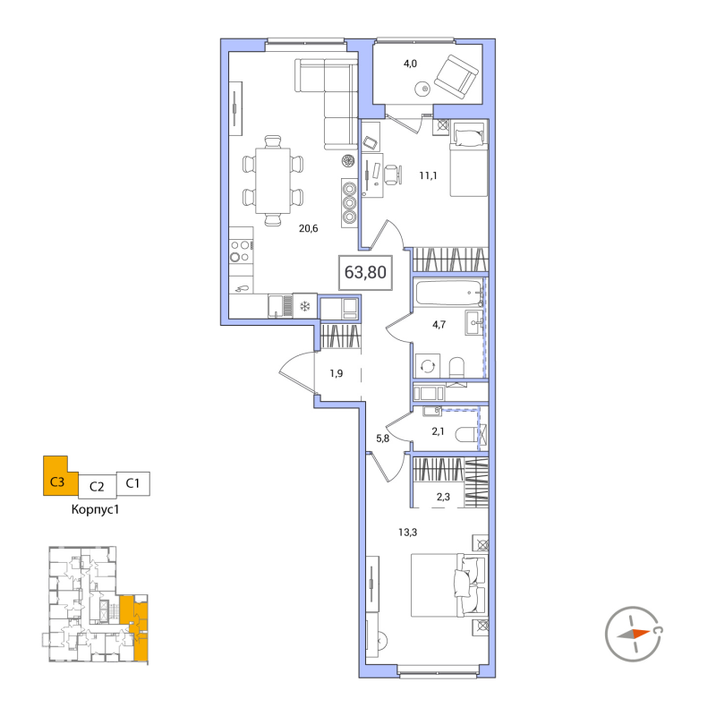 3-комнатная (Евро) квартира, 63.8 м² в ЖК "Янила Форест" - планировка, фото №1
