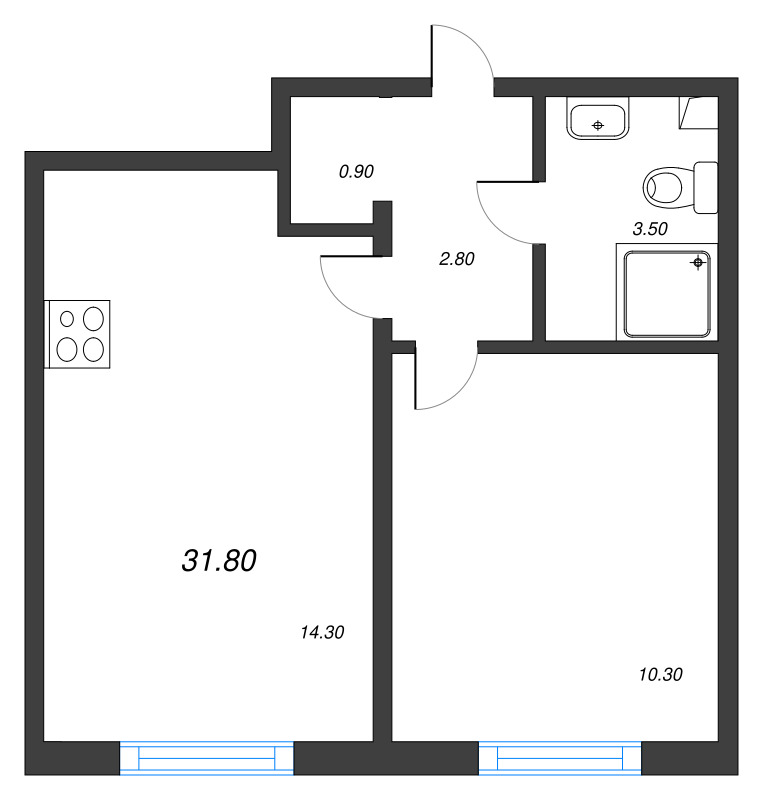 1-комнатная квартира, 31.8 м² в ЖК "Дыбенко Парк" - планировка, фото №2