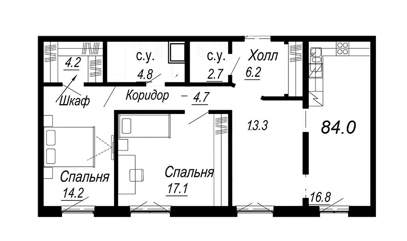 4-комнатная (Евро) квартира, 84.1 м² - планировка, фото №1