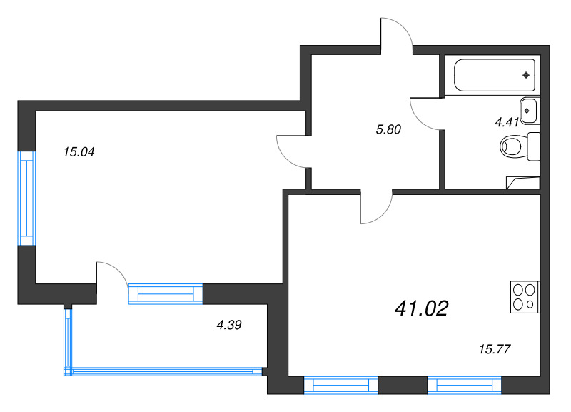 2-комнатная (Евро) квартира, 41.02 м² в ЖК "Любоград" - планировка, фото №1