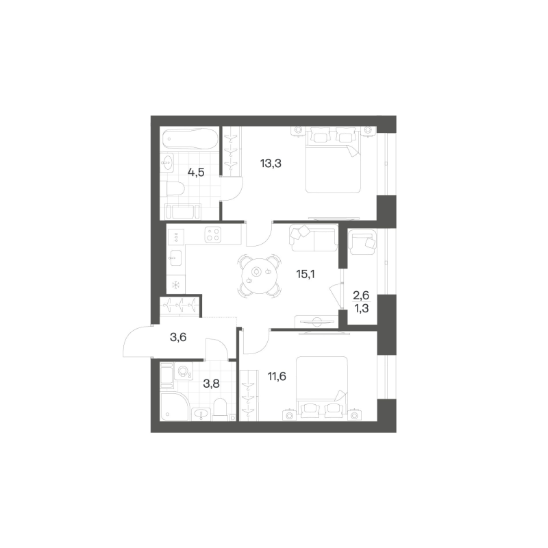 3-комнатная (Евро) квартира, 53.06 м² в ЖК "Новый Питер" - планировка, фото №1