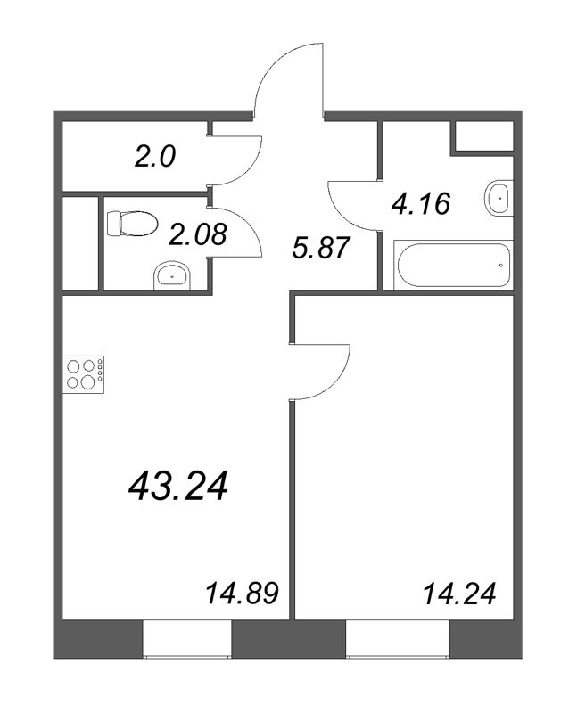 1-комнатная квартира, 43.24 м² - планировка, фото №1