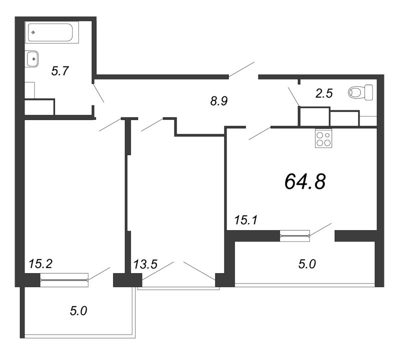 2-комнатная квартира, 65.6 м² - планировка, фото №1