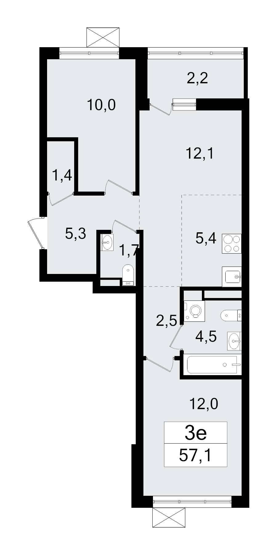 3-комнатная (Евро) квартира, 57.1 м² - планировка, фото №1