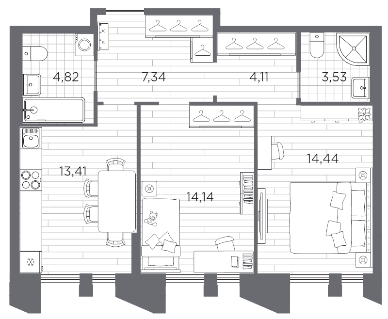 2-комнатная квартира, 61.79 м² в ЖК "Галерная гавань" - планировка, фото №1