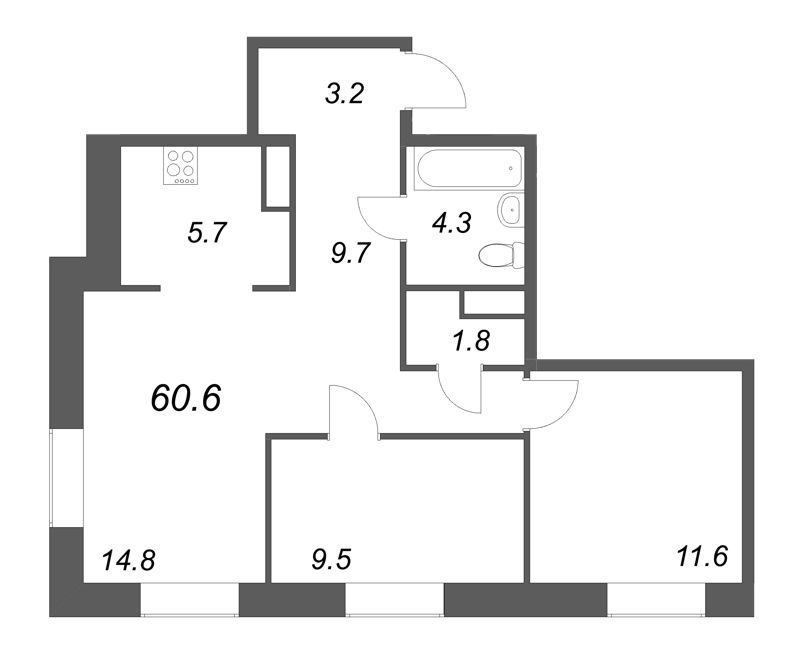 2-комнатная квартира, 60.6 м² - планировка, фото №1