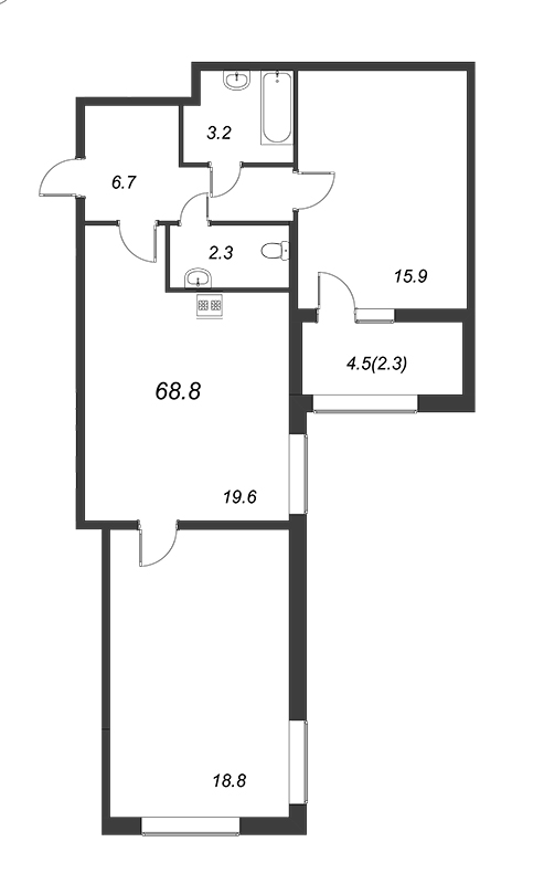 2-комнатная квартира, 69.1 м² - планировка, фото №1