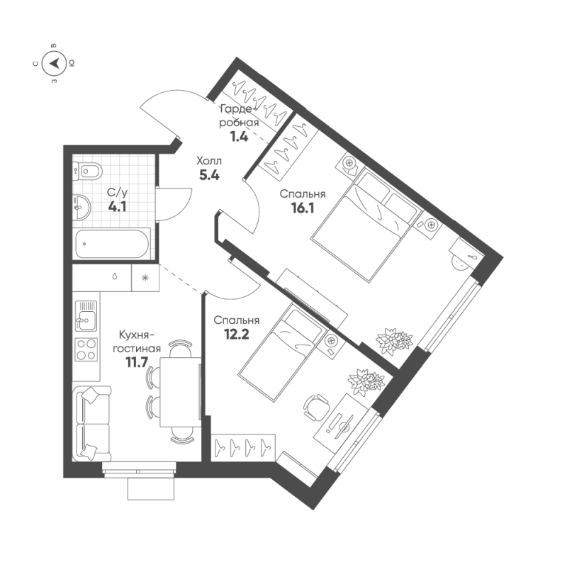 2-комнатная квартира, 50.9 м² в ЖК "Ягодное Река Парк" - планировка, фото №1
