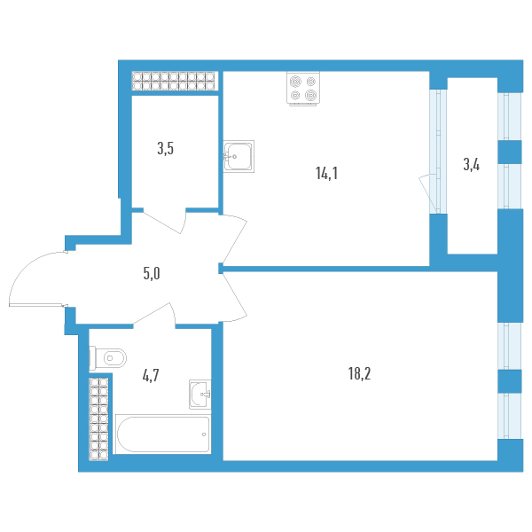 1-комнатная квартира, 47.2 м² в ЖК "Дефанс Премиум" - планировка, фото №1