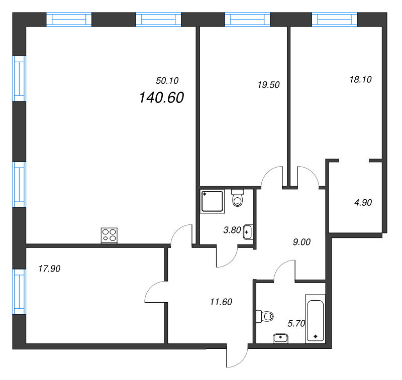 4-комнатная (Евро) квартира, 140.7 м² - планировка, фото №1