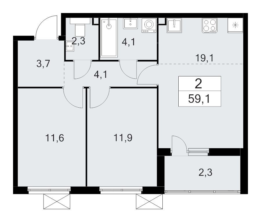 3-комнатная (Евро) квартира, 59.1 м² - планировка, фото №1