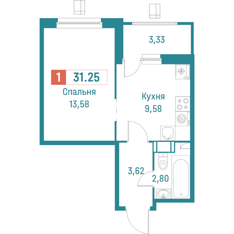 1-комнатная квартира, 31.25 м² - планировка, фото №1