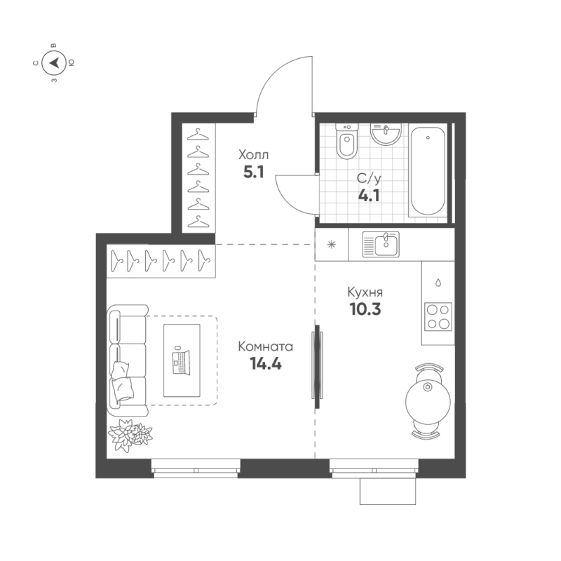 Квартира-студия, 33.9 м² в ЖК "Ягодное Река Парк" - планировка, фото №1