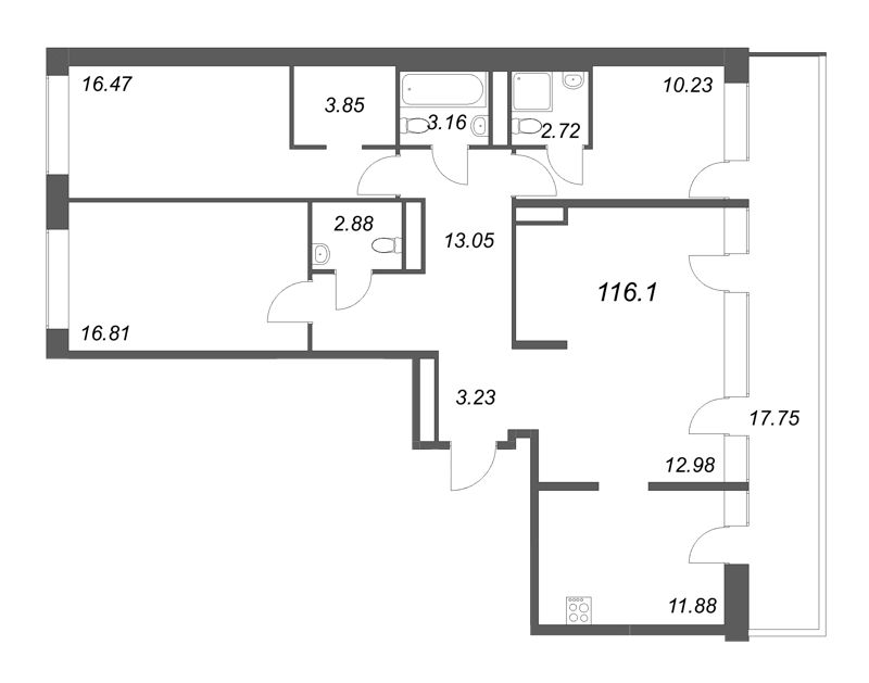 4-комнатная квартира, 118.07 м² в ЖК "Avant" - планировка, фото №1