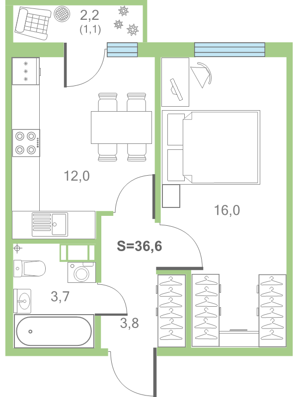 1-комнатная квартира, 36.7 м² в ЖК "Дуэт" - планировка, фото №1