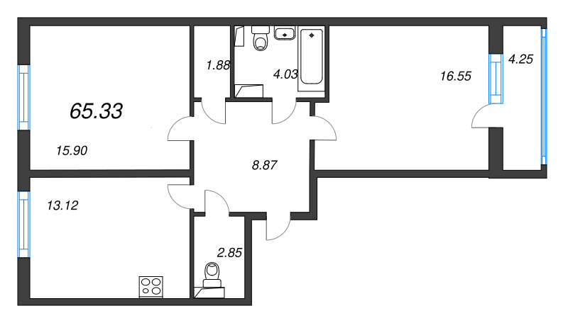 2-комнатная квартира, 65.33 м² - планировка, фото №1