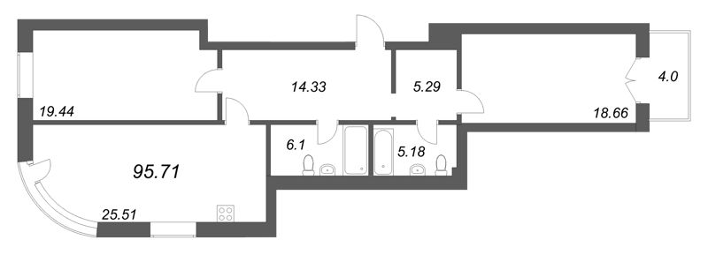 3-комнатная (Евро) квартира, 95.71 м² в ЖК "Фонтанка 130" - планировка, фото №1