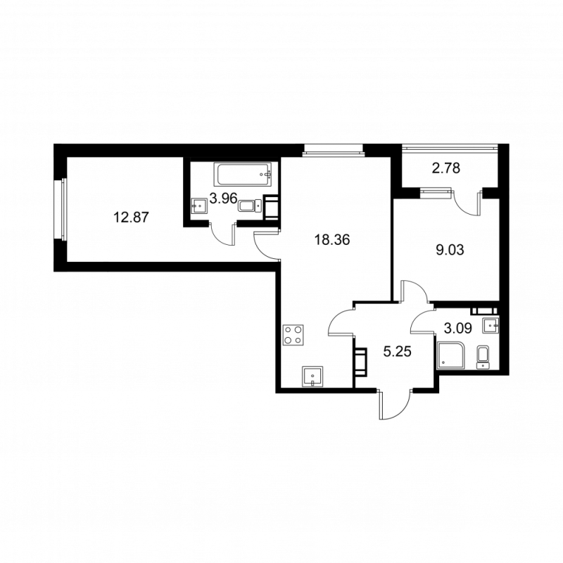 3-комнатная (Евро) квартира, 53.95 м² - планировка, фото №1