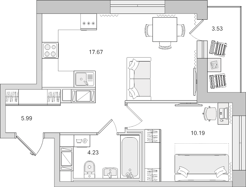 2-комнатная (Евро) квартира, 38.08 м² - планировка, фото №1