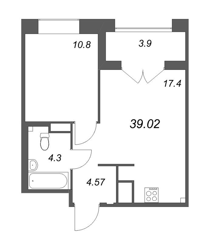 2-комнатная (Евро) квартира, 39.02 м² в ЖК "Ranta Residence" - планировка, фото №1