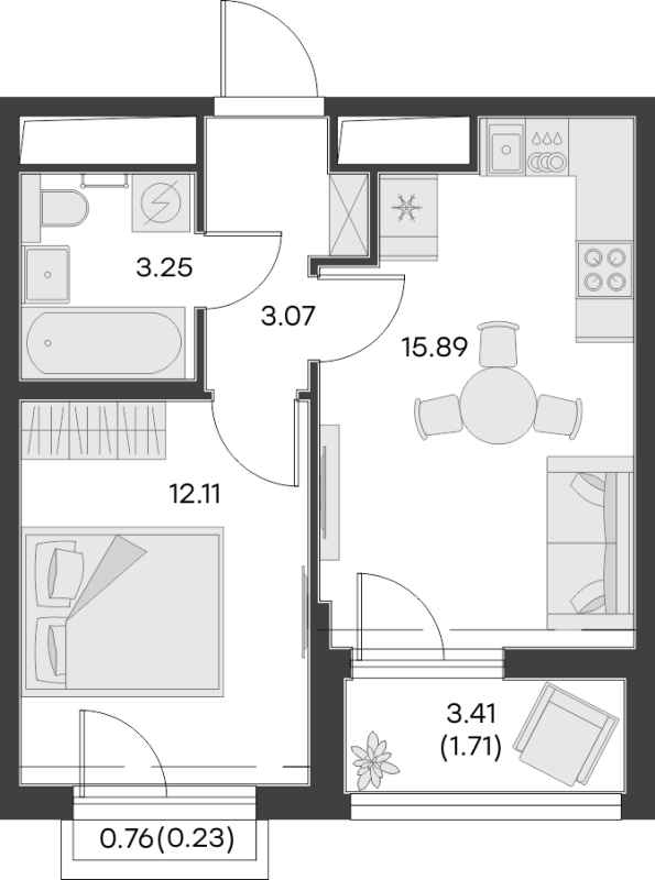 2-комнатная (Евро) квартира, 36.26 м² - планировка, фото №1