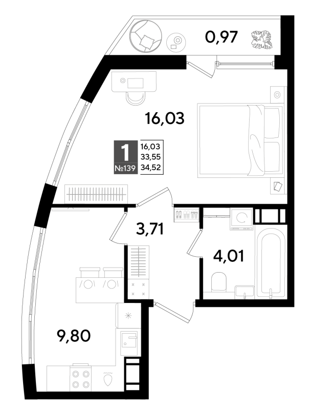 1-комнатная квартира, 33.7 м² в ЖК "Догма Юкки" - планировка, фото №1