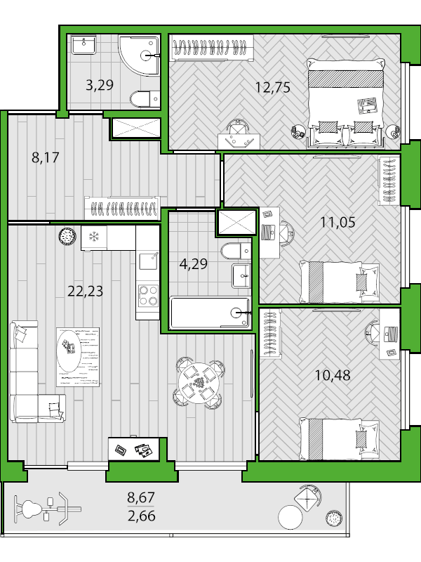 4-комнатная (Евро) квартира, 74.1 м² - планировка, фото №1