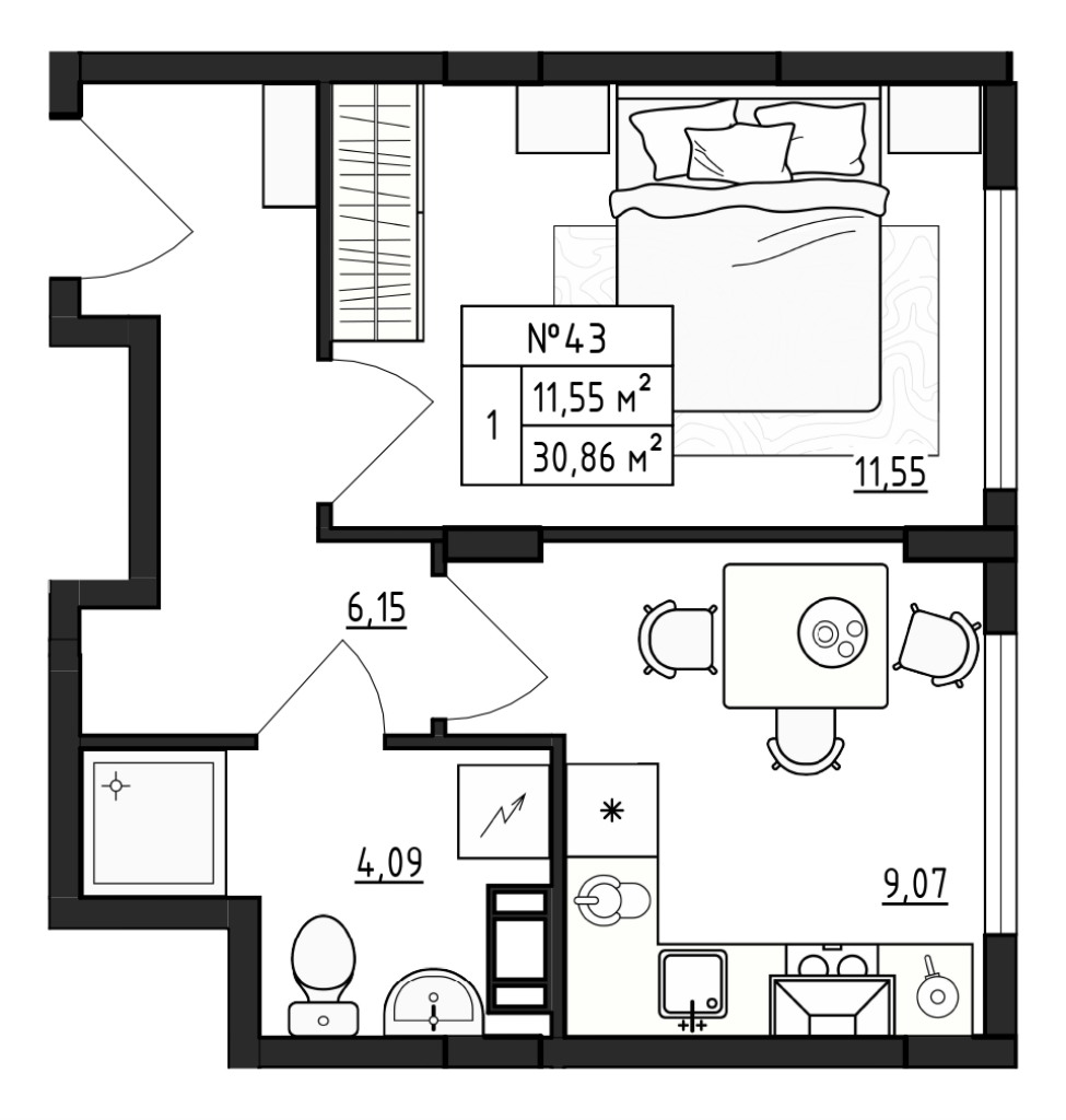 1-комнатная квартира, 30.86 м² - планировка, фото №1
