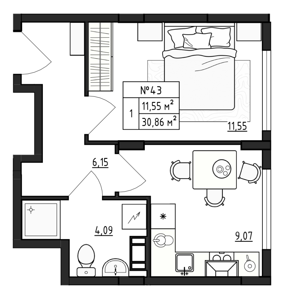 1-комнатная квартира, 30.86 м² в ЖК "Верево Сити" - планировка, фото №1