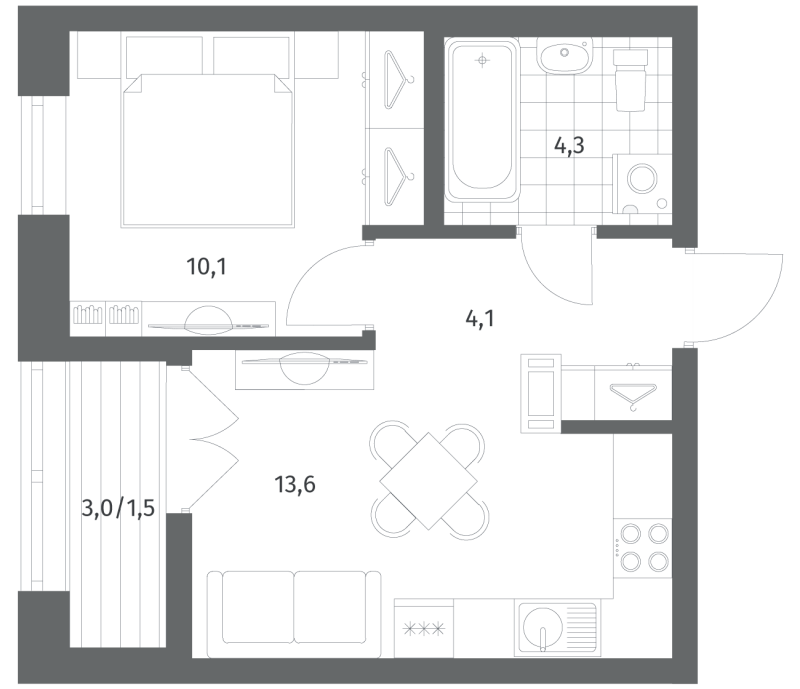 1-комнатная квартира, 33.57 м² в ЖК "NewПитер 2.0" - планировка, фото №1