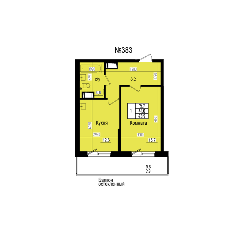 1-комнатная квартира, 43.9 м² в ЖК "ПРАГМА СИТИ" - планировка, фото №1