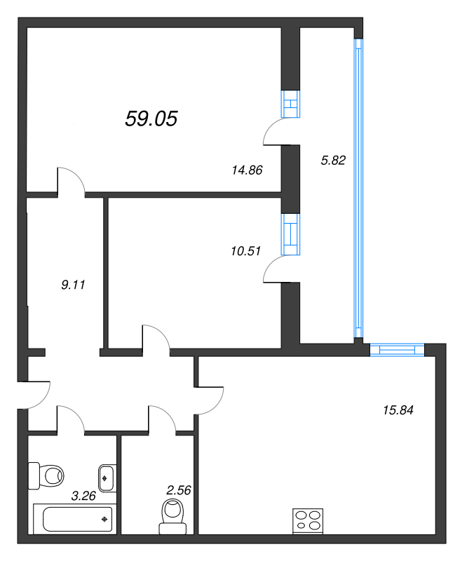 3-комнатная (Евро) квартира, 59.05 м² - планировка, фото №1