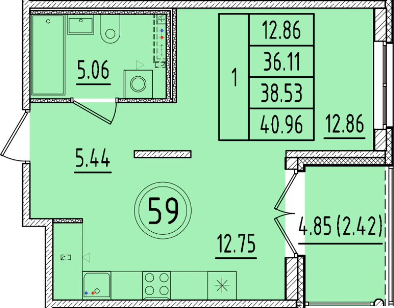 1-комнатная квартира, 36.11 м² - планировка, фото №1