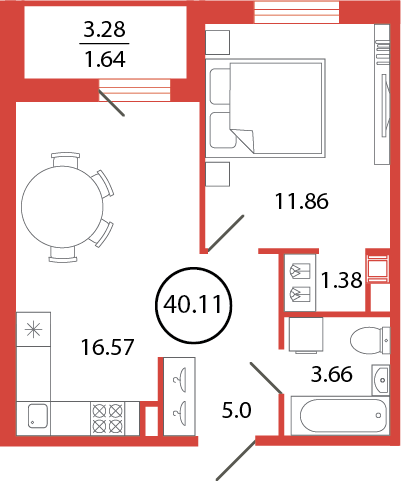 2-комнатная (Евро) квартира, 40.11 м² - планировка, фото №1