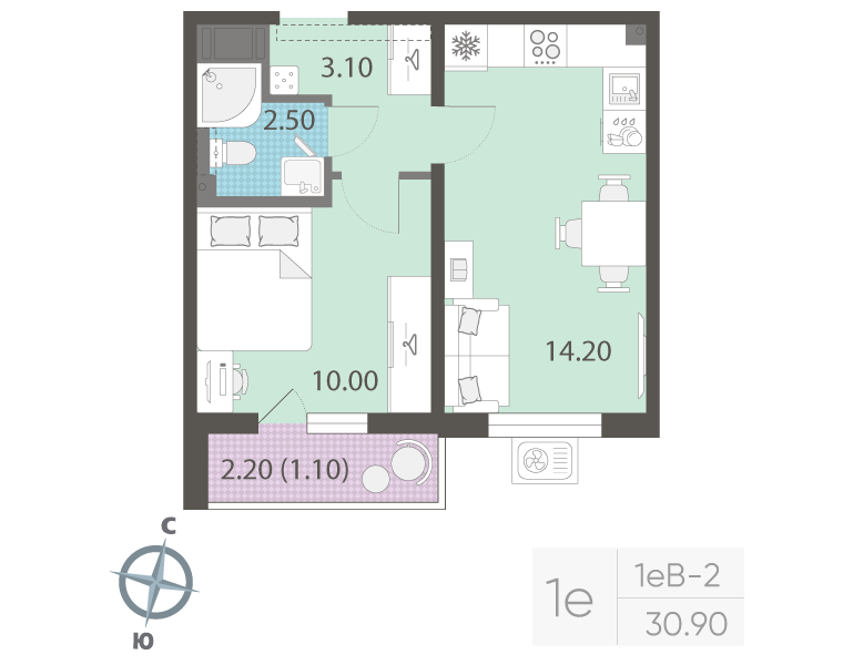1-комнатная квартира, 30.9 м² в ЖК "ЛСР. Ржевский парк" - планировка, фото №1