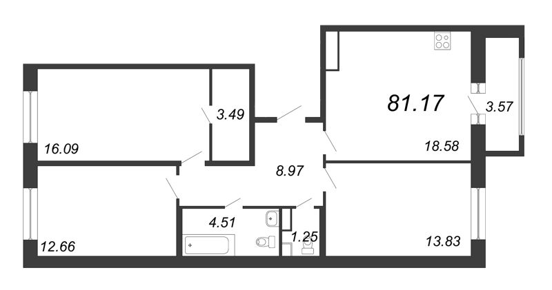 4-комнатная (Евро) квартира, 81.17 м² - планировка, фото №1