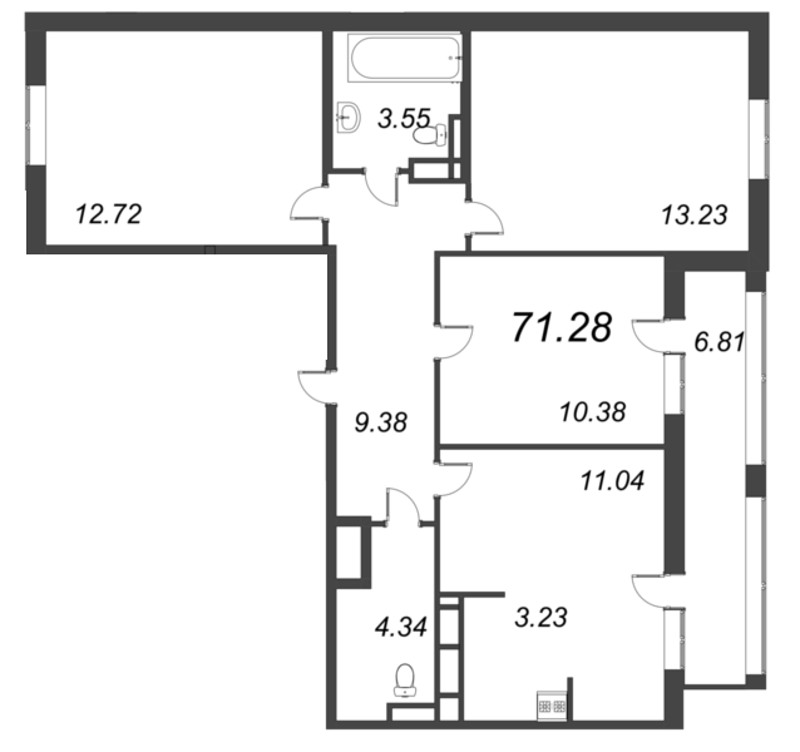3-комнатная квартира, 71.28 м² - планировка, фото №1