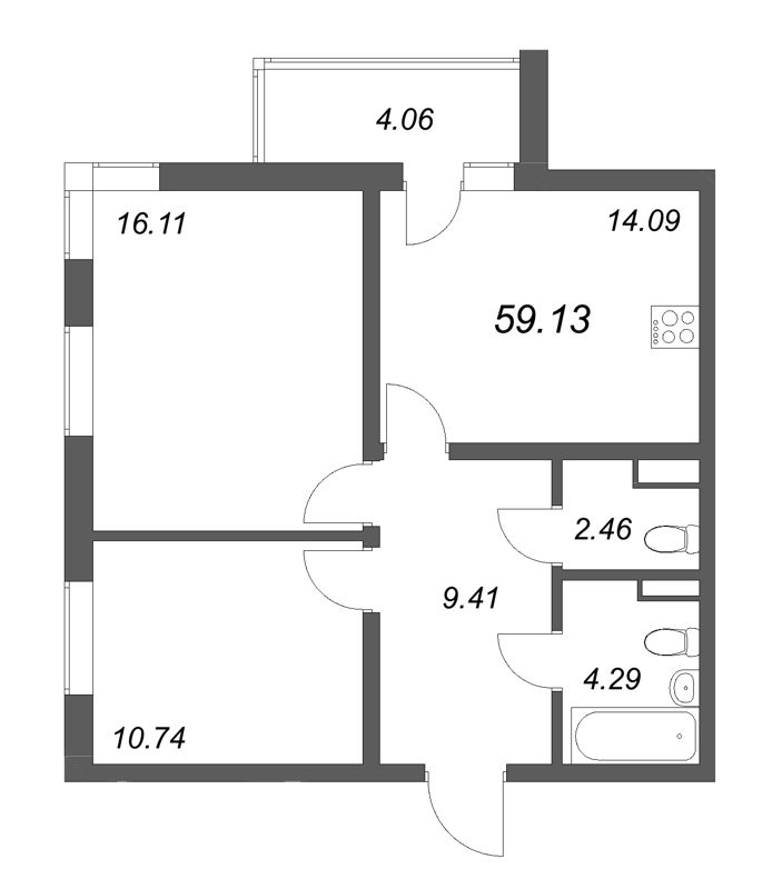 2-комнатная квартира, 59.13 м² - планировка, фото №1