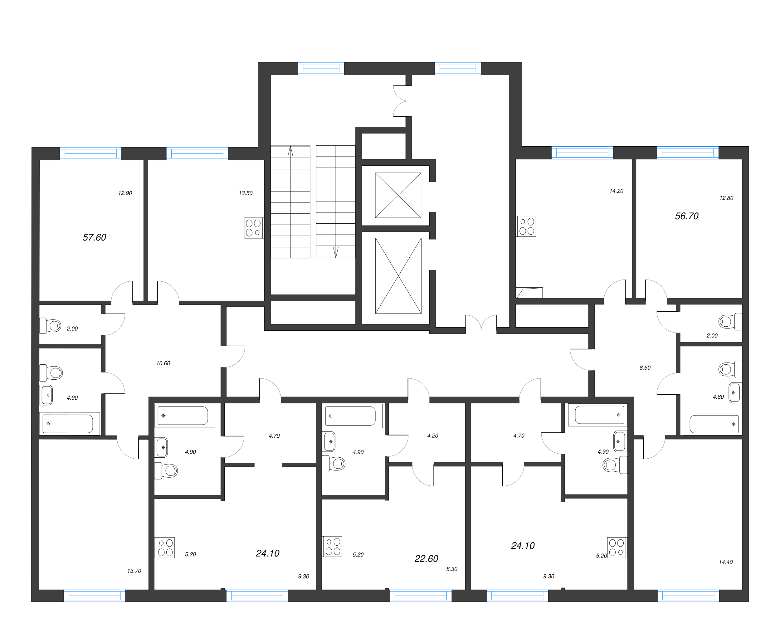 2-комнатная квартира, 56.7 м² - планировка этажа