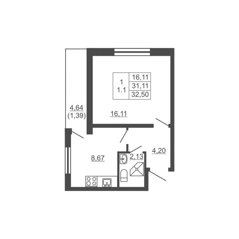 1-комнатная квартира, 32.5 м² в ЖК "Тандем" - планировка, фото №1