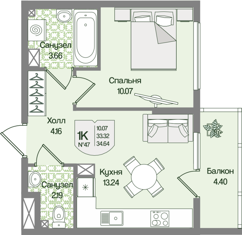1-комнатная квартира, 34.64 м² в ЖК "Охтинские высоты" - планировка, фото №1