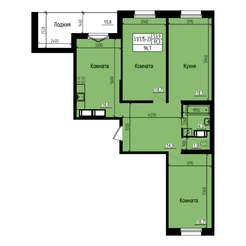 3-комнатная квартира, 96.7 м² - планировка, фото №1