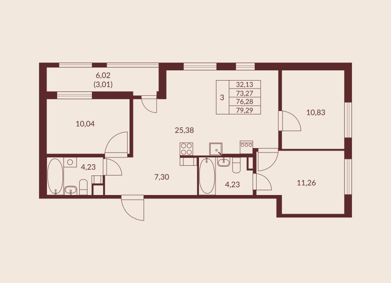 4-комнатная (Евро) квартира, 76.28 м² в ЖК "Амурино" - планировка, фото №1