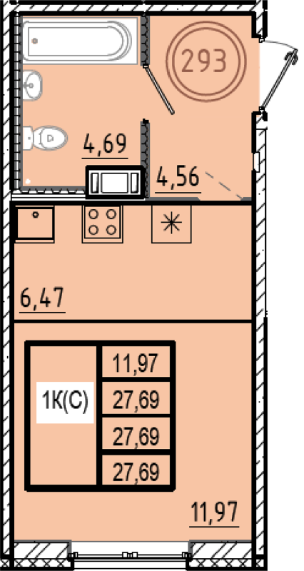 Квартира-студия, 27.69 м² в ЖК "Образцовый квартал 9.1" - планировка, фото №1