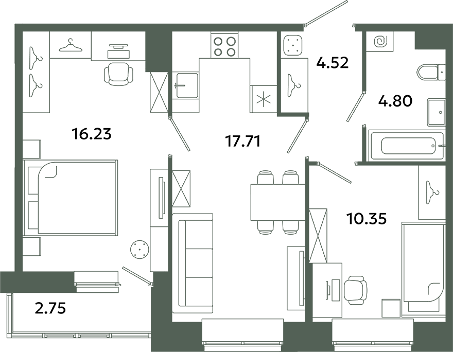 3-комнатная (Евро) квартира, 54.99 м² в ЖК "Загляденье" - планировка, фото №1