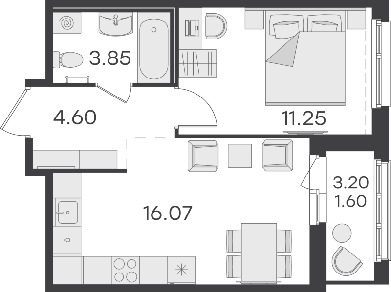 2-комнатная (Евро) квартира, 37.37 м² в ЖК "GloraX Парголово" - планировка, фото №1