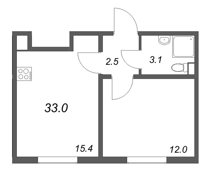 2-комнатная (Евро) квартира, 32.5 м² - планировка, фото №1