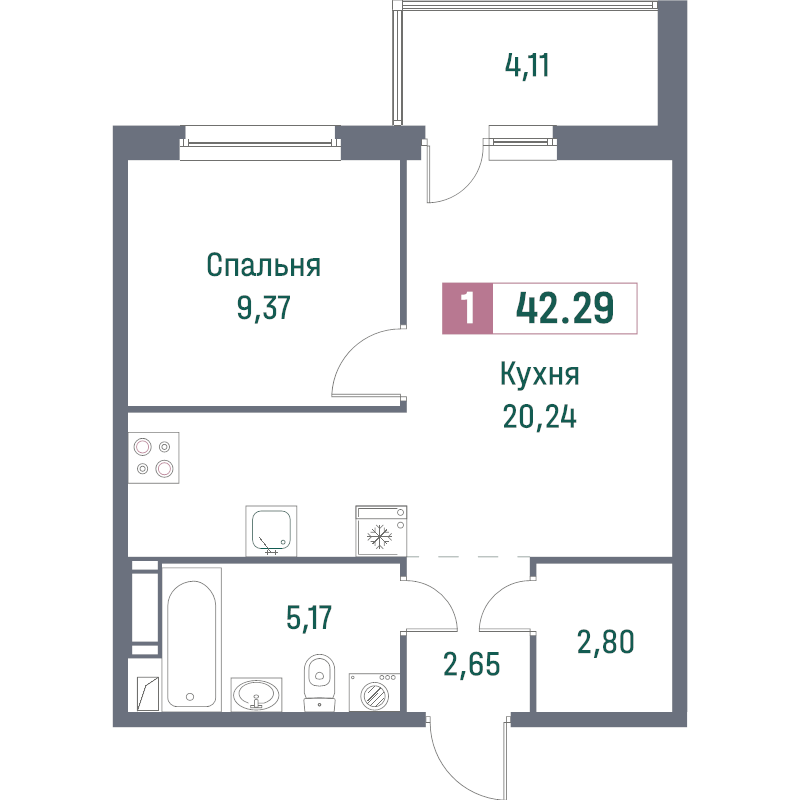 2-комнатная (Евро) квартира, 42.29 м² - планировка, фото №1